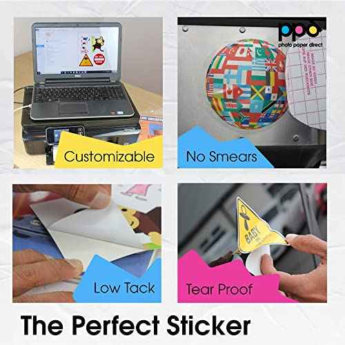 PPD Premium Printable Vinyl Sticker Paper for Inkjet Printer - 50 Sheets Glossy Sticker Paper 8.5 x 11 - Self-Adhesive, Waterproof, Tear Resistant, Instant Dry - PPD-36-50