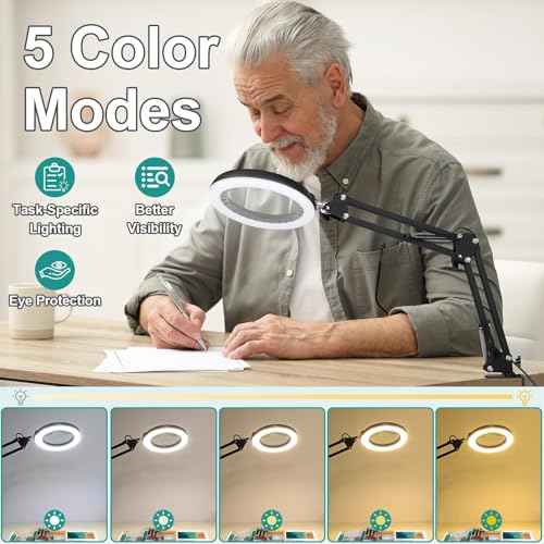 10X Magnifying Glass with Light and Clamp, 5-Inch Real Glass Lens, LED Lighted Magnifier Hands Free with Swivel Arm, 5 Color Modes Brightness Steepless Dimmable, Stand Desk Lamp for Close Work, Craft
