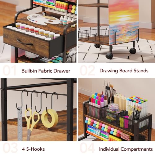 Art cart, 3 Tier Rolling Cart - Utility Cart with Storage Drawer and Wheels, Versatile Art & Craft Organizer for Home, Office, or Studio Ideal for Storing Brushes, Paints £¨Brown£©