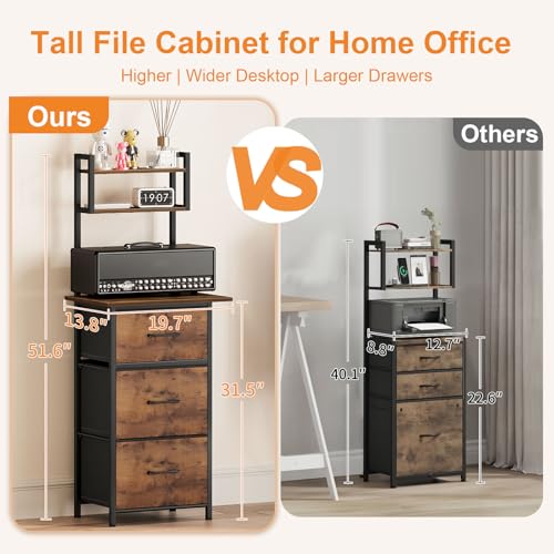 Snughome Rustic Brown 51.6'' Tall 3-Drawer File Cabinet with 19.7'' Extended Desktop