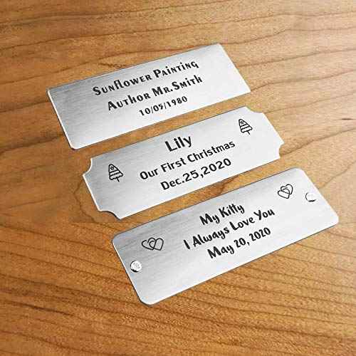 3" W x 1" H, Personalized, Custom Laser Engraved, Brushed Stainless Steel Plate Picture Frame Name Label Art Tag for Frames, with Adhesive Backing or Screws