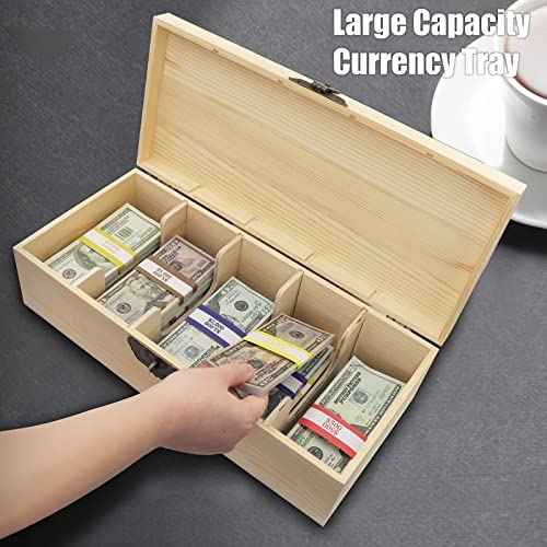 Wooden Locking Currency Money Cash Tray with Coin Tray, 5 Compartment Wooden Cash Money Currency Organizer Storage Change Box Case Holder Moneyboxes with Lockable Cover 300 Money Wrappers
