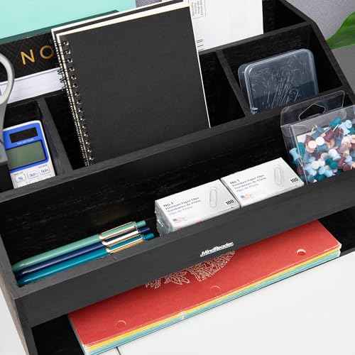Mind Reader Desk Organizer, File Storage, Accessory Holder, Cord Management, Office, Wood, 16.25" L x 9.5" W x 8.5" H, Black