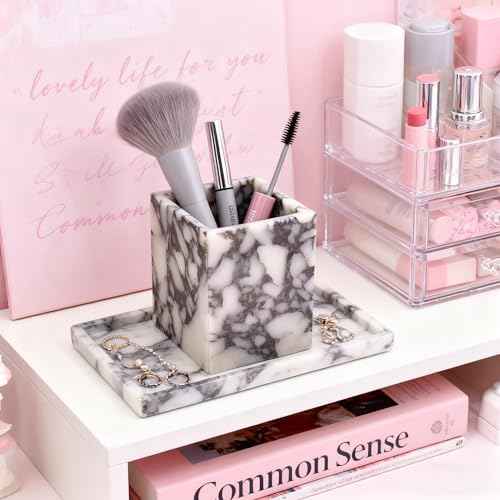 Marble Pen Holder, White Stone Rectangular Desktop Organizer, Office Study Makeup Brush Storage, Home Desk Decor, Minimalist Design, Durable Marble Accessory