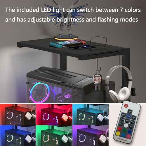 Computer Tower Stand with LED Light Strip,Mobile Rolling CPU Holder,Height Adjustable PC Tower Stand with Charging Station for Office Home (Black)