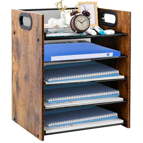 Wood Desk Organizer - 5-Tier Desktop File Organizer, Wooden Paper Tray, Office Desk Organzier and Accessories for Papers, Mail, Notebooks, Stationery