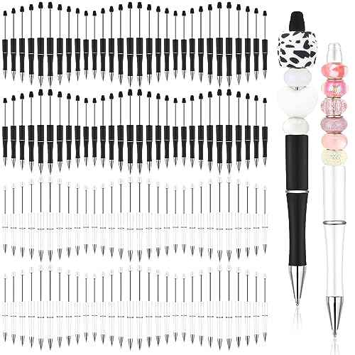Kosiz 150 Pieces Plastic Beadable Pen Bulk Black Ink Assorted Bead Ballpoint Pen Beaded Gift for Presents Office School Supplies DIY Making(Black and White)