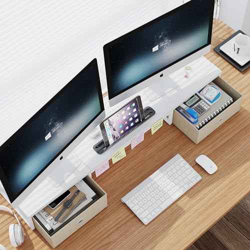 Dual Monitor Stand Riser with 2 Drawers - 39Inch Large Storage Computer Monitor Stands for 2 Monitors, Wooden Desktop Organizer Perfect for Home Office Desk, Computer, Laptop, TV, White