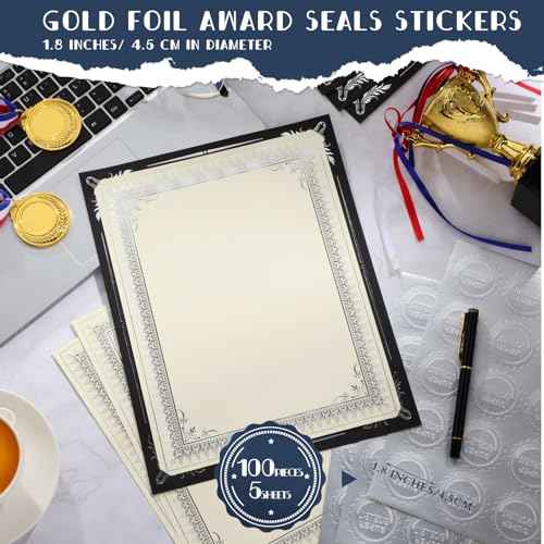 Fainne 100 Sets Certificate Paper Kit Single Sided Awards Holder with Foil Border for 8.5 X11 Certificate Covers Foil Award Seals Stickers Diploma Covers(Black with Silver Foil)