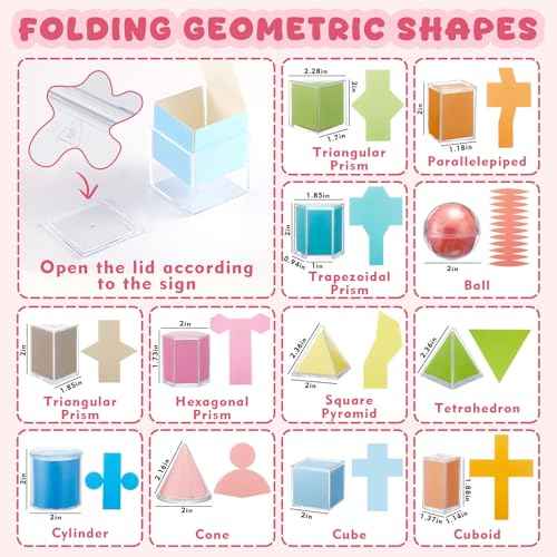 Faccito Set of 12 Folding Geometric Shapes 2D 3D Geometric Solids Early Math Multicolored Shapes Manipulatives and Geometry Set for Kids Math Teacher Aids Supplies