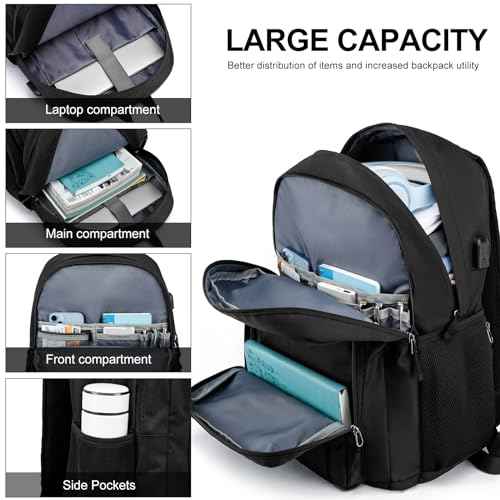 Travel Laptop Backpack, Lightweight Casual School Backpack for Teens, Slim Durable Backpack with USB Charging Port, 17.3 Inch Anti Theft Water Resistant Computer Bag Daypack for Men Women, Black