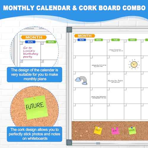 Calendar Whiteboard Corkboard Combination for Wall, Double-Sided 24" x 18" Monthly Whiteboard Calendar and Dry Erase Board for Office, Kitchen, Planning, Memo, School, Home