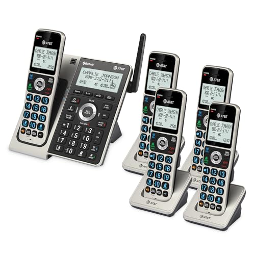 AT&T Cordless Phone 5 Handset with Bluetooth, Landline Phones for Home, Answering System, Smart Call Blocker, DECT 6.0 Extended Range, 2" Backlit Screen, Lighted Keypad with Big Buttons, BL3107-5