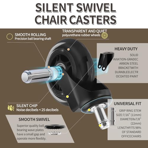 3-Inch Rubber Office Chair Wheels Replacement Caster Set of 5