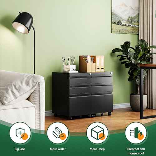 Letaya 3 Drawer Mobile File Cabinet with Lock,Under Desk Metal Filing Cabinets for Home Office Organizer Letters/Legal/A4((Fully Assembled-Black)