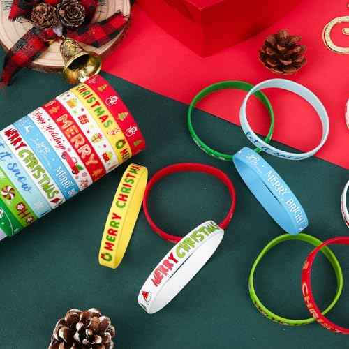 JUNEBRUSHS 120pcs Christmas Party Favors Silicone Bracelets Bulk Elk Xmas Tree Snowflake Pattern Rubber Wristbands for Christmas Winter Holiday Party Stuffers Fillers Decorations Supplies(10 Designs)