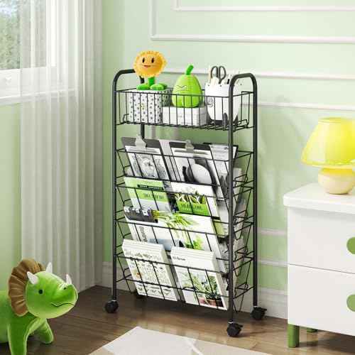 TOOLF 5 Tier Mobile Bookshelf, Metal Rolling Book Cart with Wheels, Movable Book Storage Organization for Classroom Dorm School Home, Rolling File Cart for Office Study, Black