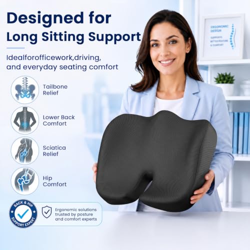 CJACSOC Black XL Memory Foam Seat Cushion for Office Chair, Car & Wheelchair