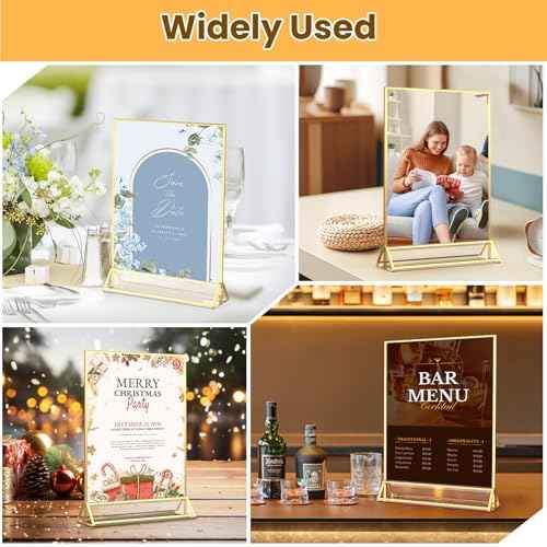 Acrylic Sign Holder 8X10 Gold Frames Double Sided Sign Stand for Picture Frames Wedding Table Number Menu Holder Flyer holder Diaplay Stand with Removable Dot Stickers -6 Pack