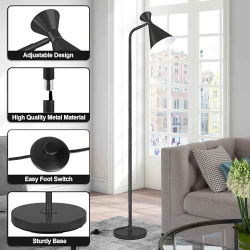 PARTPHONER Floor Lamp for Living Room, Modern Adjustable Metal Heads Standing Lamps, Simple Design Black Floor Lamp with Foot Switch for Bedroom, Office, Kids Room, Reading (Bulb Not Included)