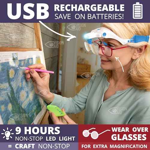 Vision Aid Expert Edition Magnifying Glasses with USB Rechargeable LED Light and Storage Case Hands Free Head Magnifier for Hobby Painting Close Work