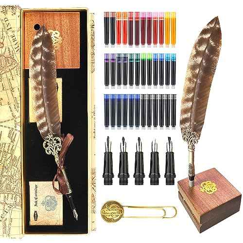 GC QUILL Calligraphy Feather Fountain Pen and Ink Set, Quill Pen with 5 Varied Nibs and Ink Cartridges, Calligraphy Set for Beginners ? MU-15