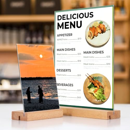 5x7 Inch Acrylic Sign Holder with Wood Base - 3 Pack, Vertical or Slant Back Display