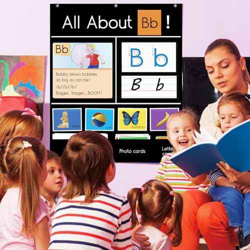 Auchq All About Letter Pocket Chart, Letter of The Day/Week Activity Wall-Provides Student Daily Practice in Learning The Alphabet, Chants, Words-Great for Classroom Homeschool 34" x 27" Black
