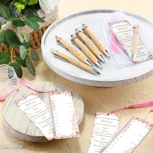 50 Sets Baby Shower Favors for Guests Includes 50 Baby Shower Ballpoint Pens 50 Thank You Bookmarks 50 Organza Bags for Gender Reveal Gifts Guest Prizes(Floral,Pink)