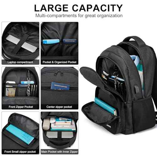 Black Backpack for School, college Backpack for Teens,Students, with 17.3 inch Laptop Sleeve Back Pack for Boys, Large Computer Back Pack with Compartments for Men & Women