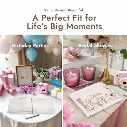 Upstart Decor Natural Linen Embroidered Photo Wedding Guest Book – Pink Floral Cover, 160 Pages