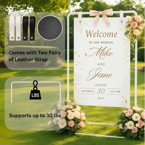 Welcome Sign Stand, Adjustable Sign Holder Stand w/ Poster Design Templates & Leather Straps, Heavy Duty Metal Easel for Wedding, Bridal Shower, Birthday Party, Baby Shower, 68" x 30" x 20"