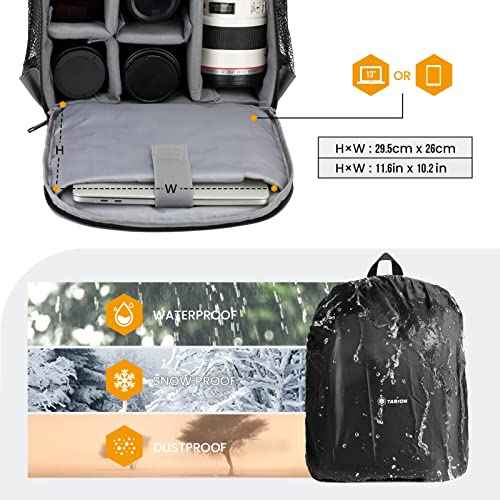 TARION Camera Bag Professional Camera Backpack Case with Laptop Compartment Waterproof Rain Cover for DSLR SLR Mirrorless Camera Lens Tripod Photography Backpack for Photographer Black TB-S(L)
