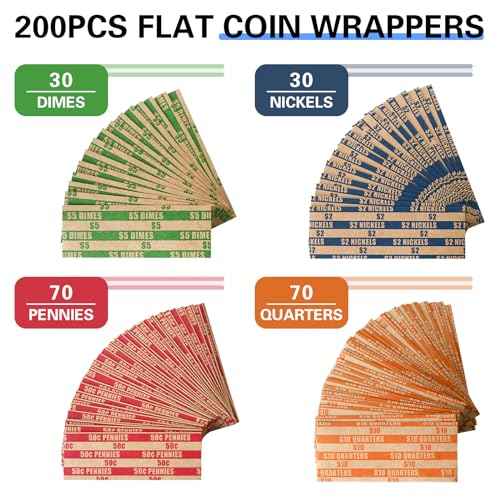 ESSENTIAL 200 Pcs Assorted Packed Flat Stripped Coin Wrappers, Coin Rolls Wrapper for Quarters, Dimes, Nickels, Pennies