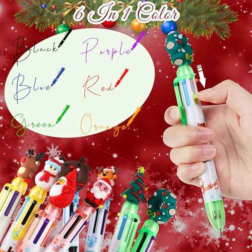 Aodaer 60 Pieces Christmas Ballpoint Pens 6-In-1 Multicolor Retractable Ballpoint Pens Christmas Tree Snowman Reindeer Santa Claus Christmas Party Gifts for Office School Class