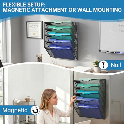 KZWKRG Black 5-Tier Magnetic Wall File Holder - No Drilling Office Organizer