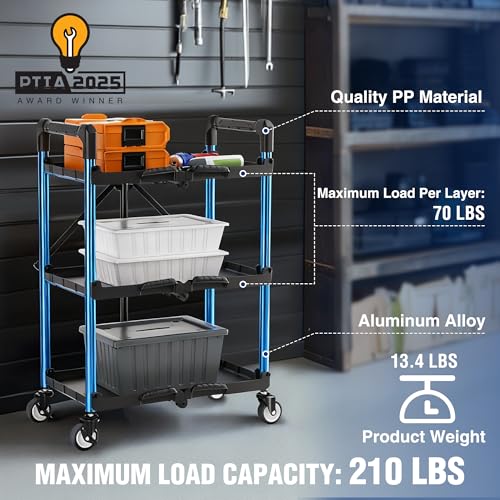 WORKPRO 3-Tier Collapsible Utility Cart Black Blue 210 LBS with Wheels