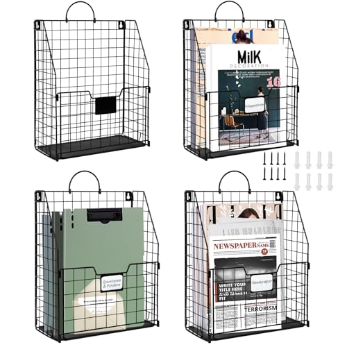 DILIBRA 4 Packs Hanging Wall File Organizer, Foldable Wall Magazine File Holder with Handle and Tag Slot, Metal Wall Mounted Mail Organizer Rack Folder Holder for Document Office Door Home Black