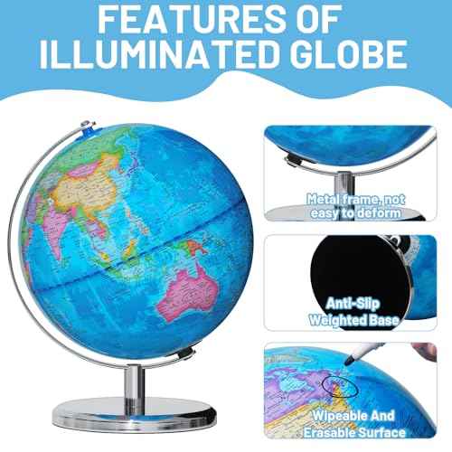 9" Illuminated Globes, 88 Constellations Map & Built-in LED Light & Learning 3-in-1, USB Charging, None-Slip Stainless Steel Stand for Classroom Education & Bedroom Decor, Inspire Geography Interest