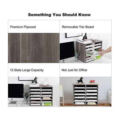 TQVAI Literature Organizer, Heavy Duty 12 Compartments Countertop Mail Organizer with Adjustable Shelves, Wooden Desk Paper Storage Organizer, Mailboxes Cubbies for Office, Classroom, Retro Grey/White