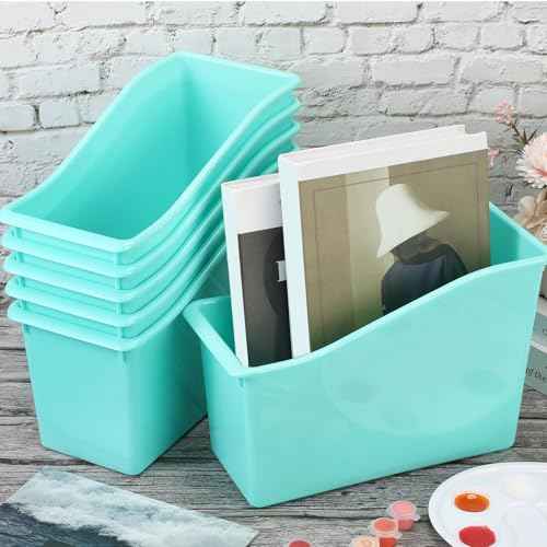 Fuutreo 12 Pieces Book Bins for Classroom Plastic Binder Holder Magazine Stuff Folder File Organizer Box for Home Office School Supplies(12 pcs,Water Blue)