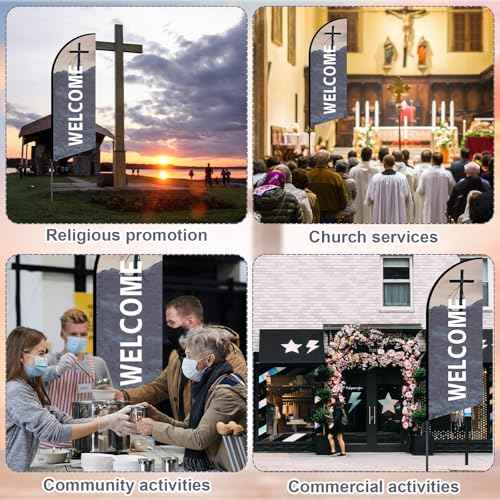 Buryeah 2 Sets Church Sign Feather Flag 7 ft Church Swooper Flag with Fiberglass Poles and Point Stake Welcome Banners for Outdoor Business and Events Promotion