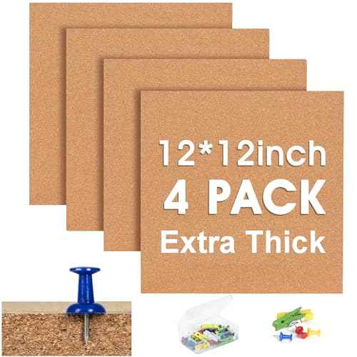 Cork Bulletin Square Board for Walls - SVOPY 4 Pack Extra Thick 12x12 Inches Cork Board Tiles for Home Office Decor, Cork Sheet,School Message Board Decorative Display Boards