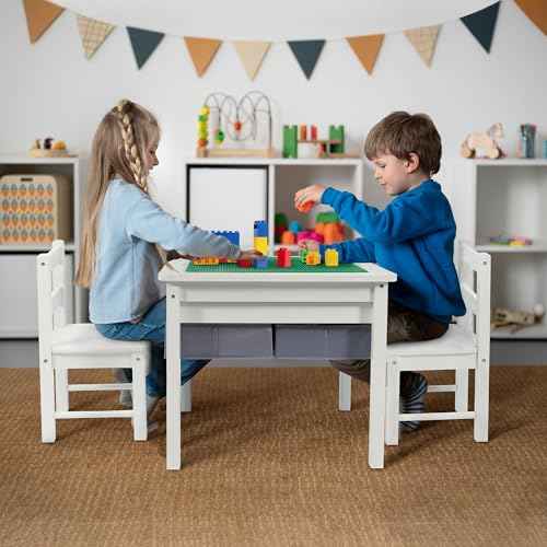 2-in-1 Wooden Table with Built-in Brick Baseplate & Storage | Designed for Building Blocks, Gaming, Drawing, Crafts