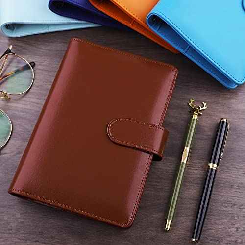 Antner A6 Binder 6 Ring Refillable Notebook Budget Planner for A6 Filler Paper, PU Leather Loose Leaf Personal Planner Wallet Money Organizer Cash Stuffing Binder with Magnetic Buckle Closure, Brown