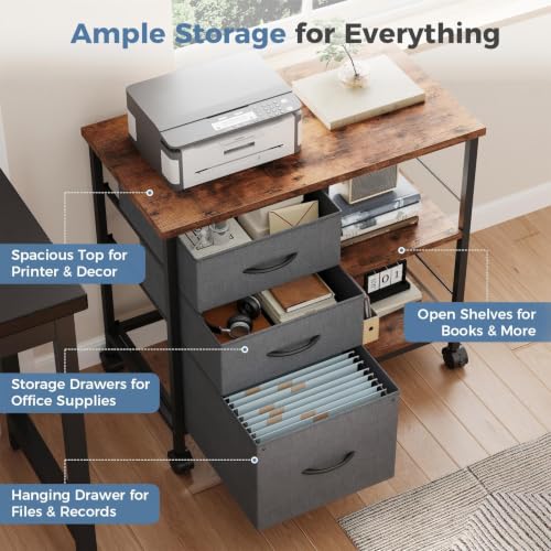 DUMOS 3-Drawer Mobile File Cabinet with Rolling Printer Stand – Grey