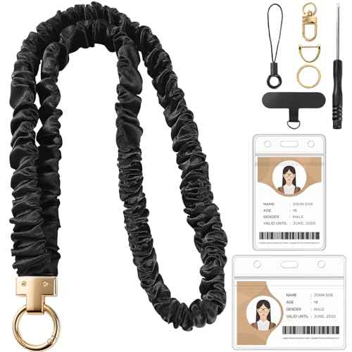 Prudiut Scrunchie Lanyard for Id Badges, Retractable Teacher Lanyards Stretchy Scrunchie Lanyard with Id Holder for Women