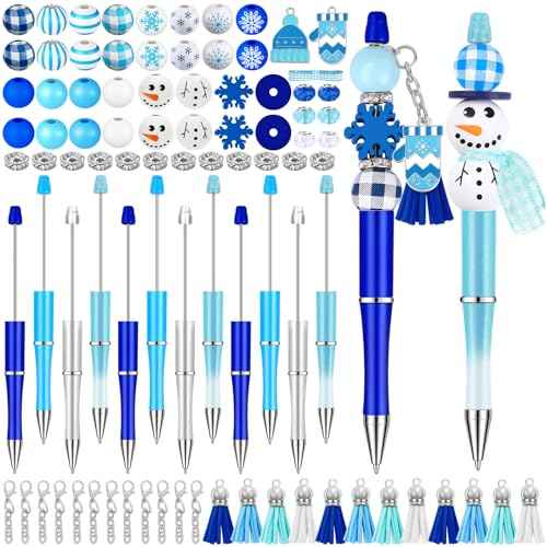 12 Set Christmas Beadable Pens Plastic Bead Pens Winter Snowman Blue Bulk Ballpoint DIY Crafting Pens Making Kit with Pendants Lobster Clasps for Students Teens School Office Supplies