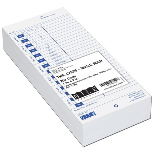 Nile Products - 200 Authorized Single Sided Time Cards for Pyramid Manual Side Print Timeclock and Document Stamp [ NP35100-PK2], Pyramid 35100-10 Compatible (4 W x 9 H Inches) - 200 Time Cards