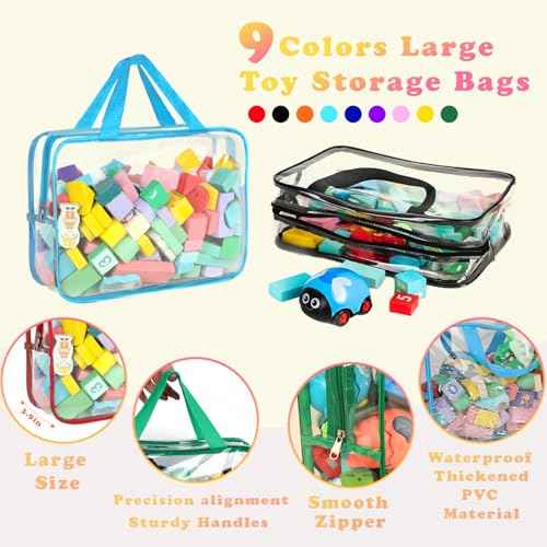 9 Packs Toy Storage Bags with Labels, Large PVC Reusable Board Game Storage Containers Clear Zipper Pouches Waterproof Travel Organizer Bags for Building Blocks, Puzzle, Kids Books, Stationery, Makeup